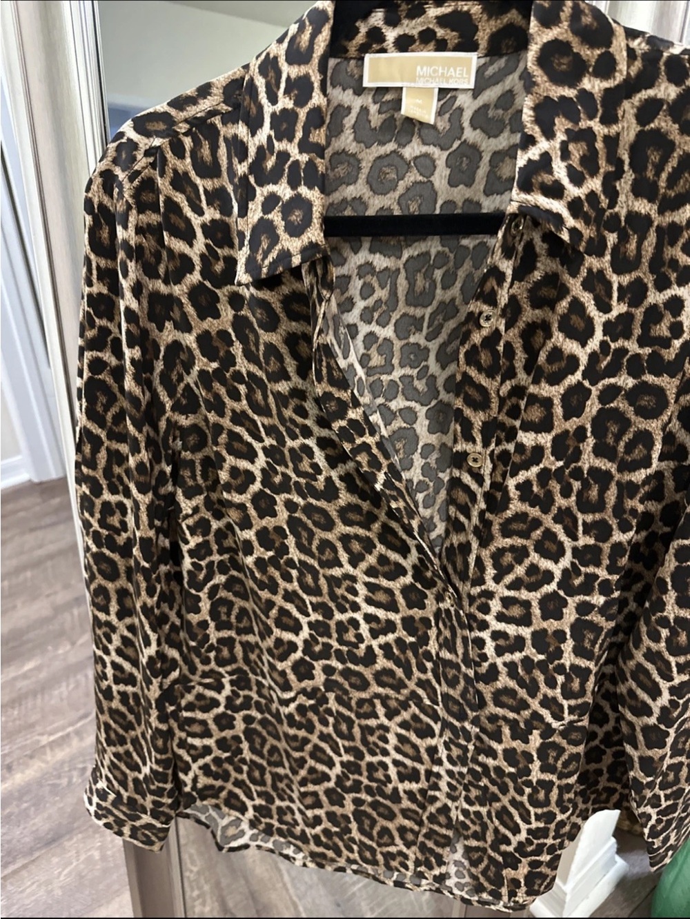 MICHAEL Michael Kors Leopard Print Button-Up Blouse - Brown/Black- Size Medium